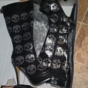 Iron Fist Black and Silver Skull Heeled Boots